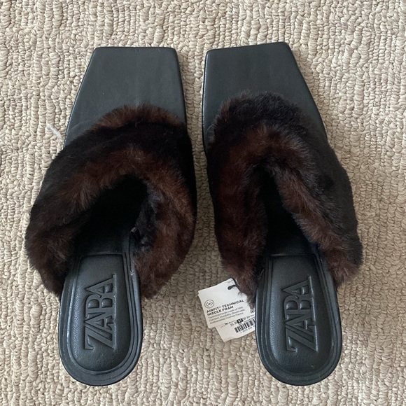Zara Black Squared Toe Faux Fur Mules Heeled Thong Sandals Heels Sz 6.5 - Picture 9 of 14